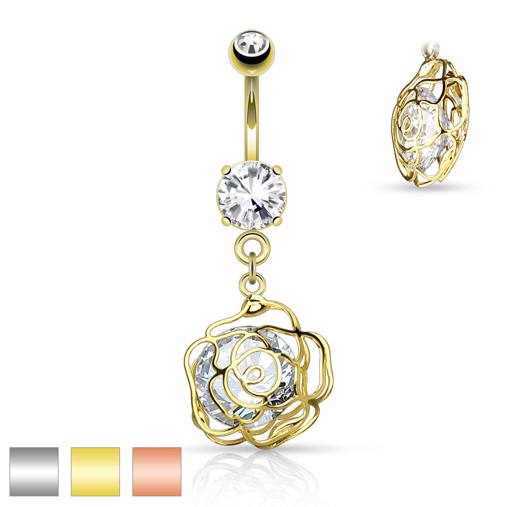 316L Surgical Steel Large CZ Incased Camellia Flower Dangle Belly Button Ring - all colors