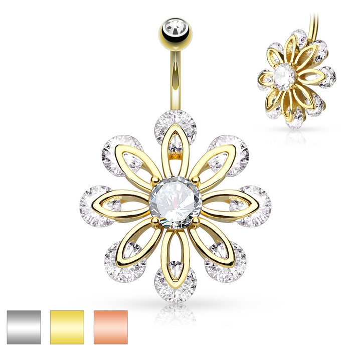 CZ Set Ends 8 Petal Flower With Round CZ Center 316L Surgical Steel Belly Rings