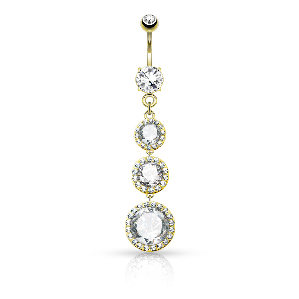 316L Surgical Steel Triple CZ Paved Around Large CZ Drops Belly Button Ring - Gold/Clear