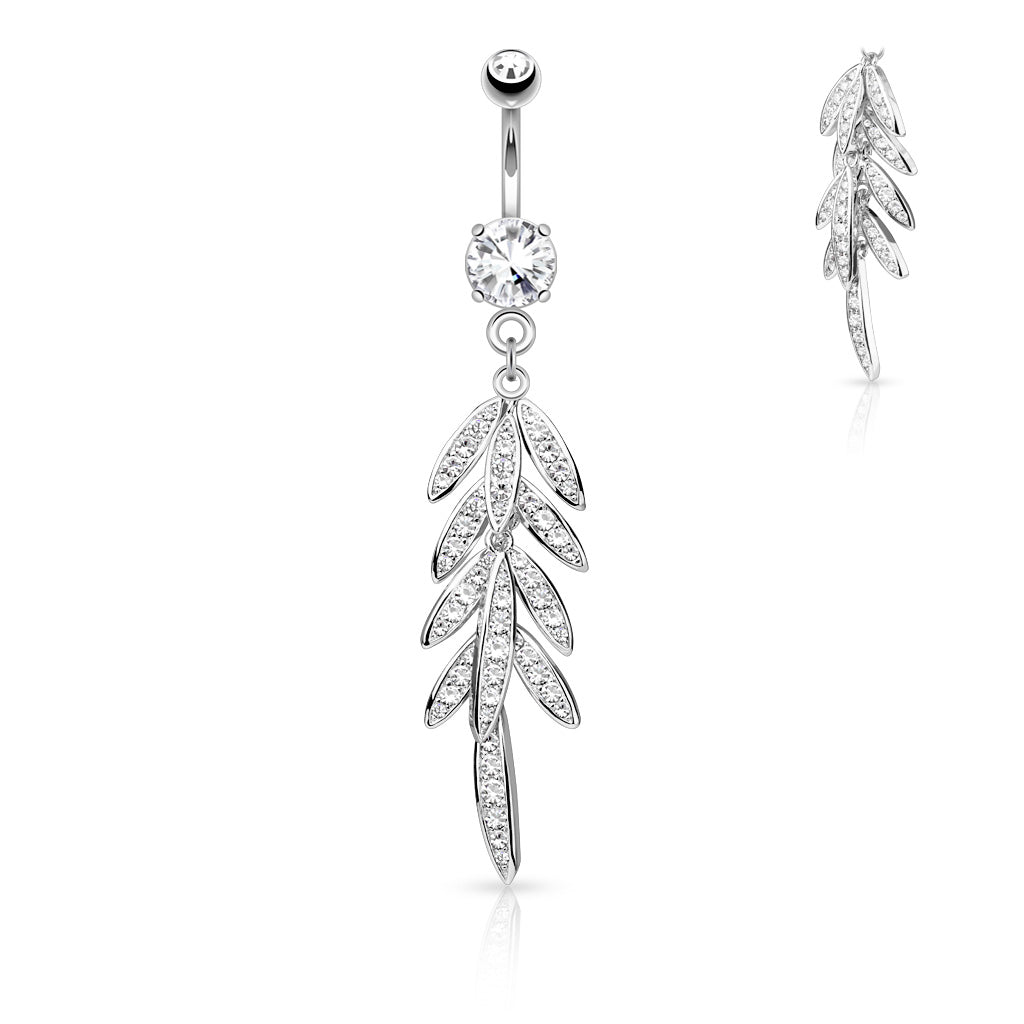 316L Surgical Steel Pave CZ Leaves Dangle Belly Button Ring - Clear