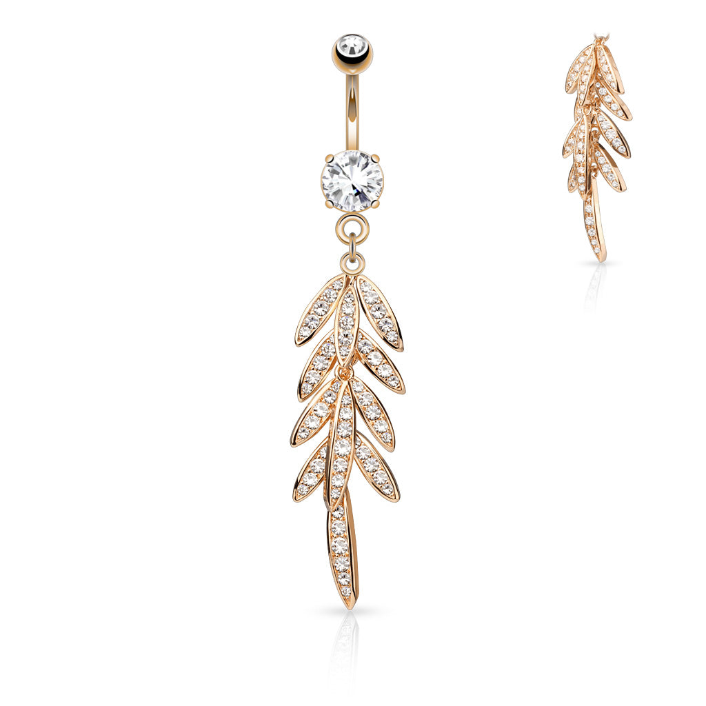316L Surgical Steel Pave CZ Leaves Dangle Belly Button Ring - Rose Gold/Clear