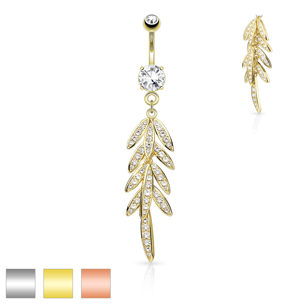 316L Surgical Steel Pave CZ Leaves Dangle Belly Button Ring - all colors