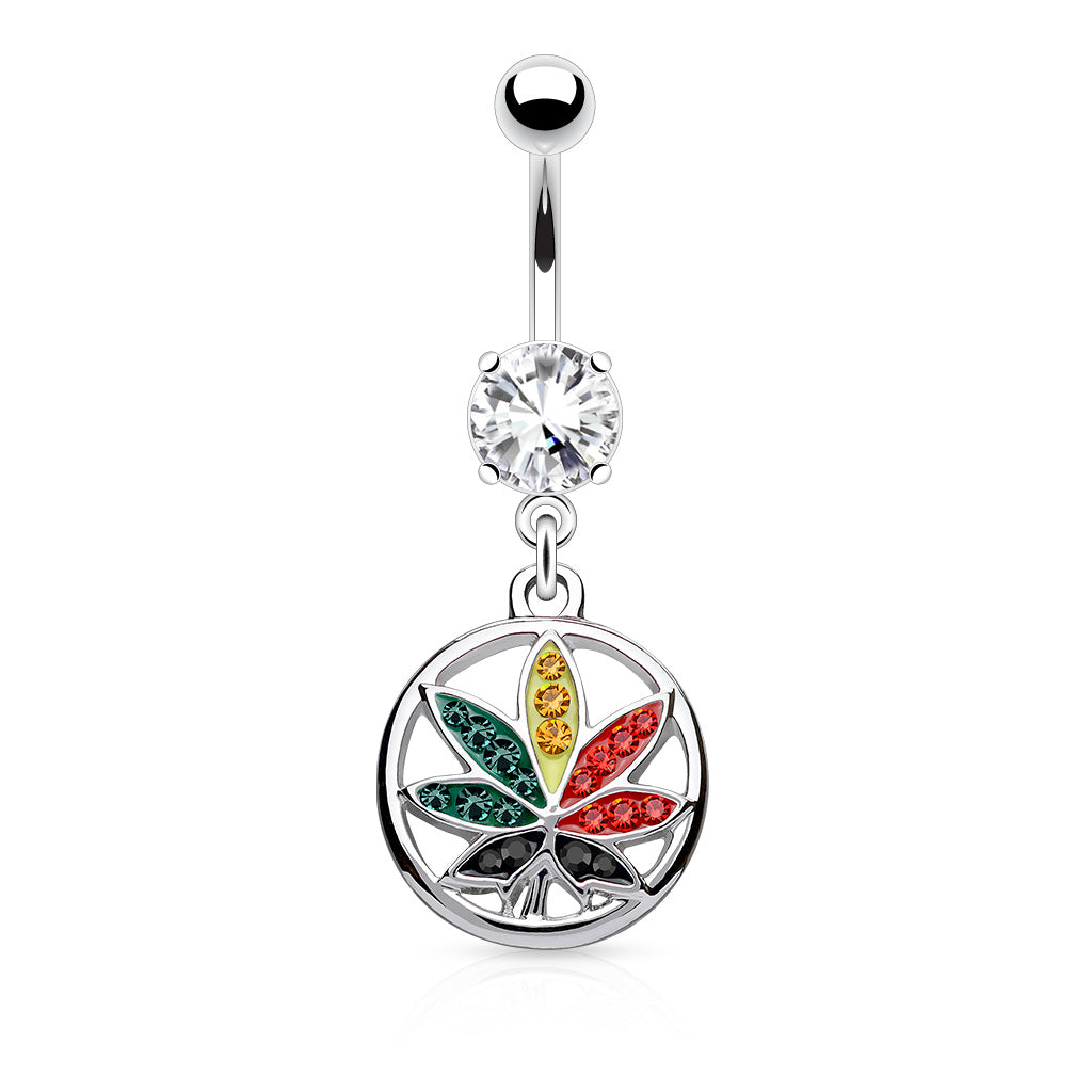 316L Surgical Steel Multi Color Crystals Paved Pot Leaf In Circle Dangle Belly Button Ring - all colors
