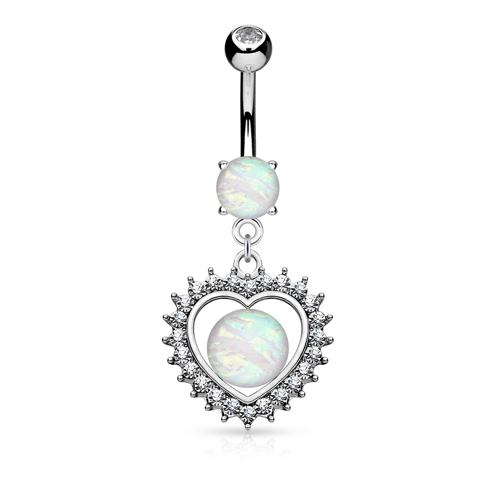 Opal Glitter Set Crystal Paved Heart Dangle Surgical Steel Belly Button Navel Rings - all colors