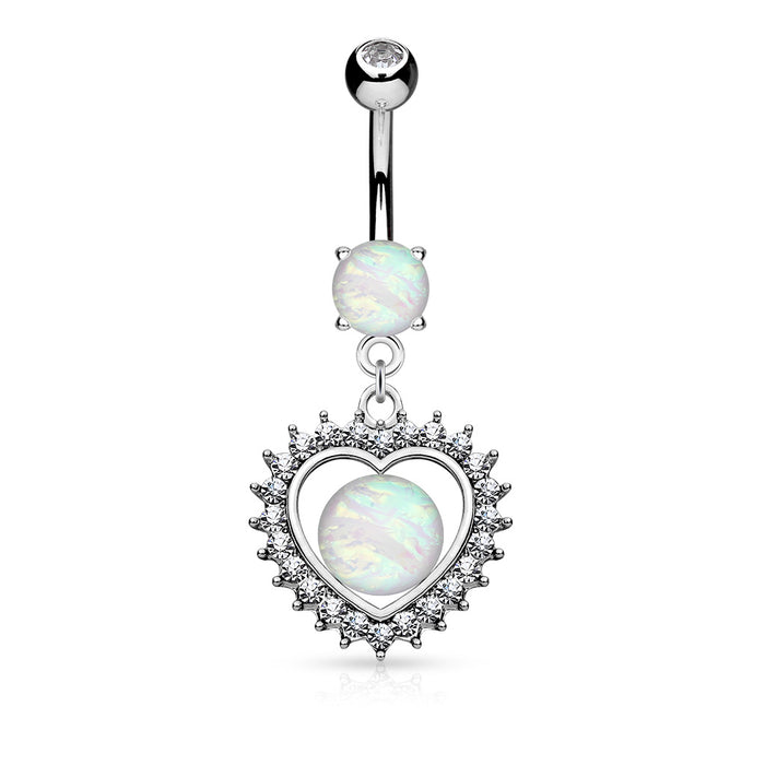 Opal Glitter Set Crystal Paved Heart Dangle Surgical Steel Belly Button Rings