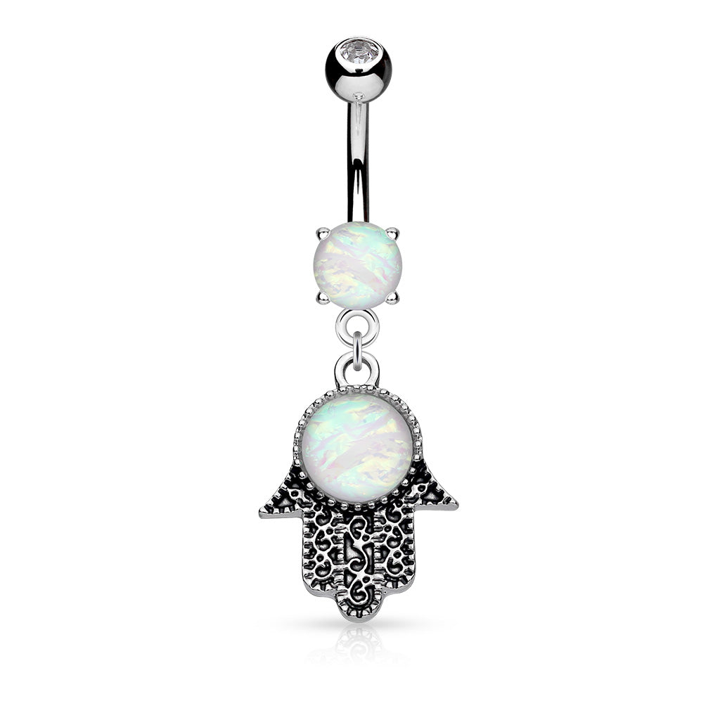 316L Surgical Steel Opal Glitter Set Hamsa Dangle Belly Button Ring