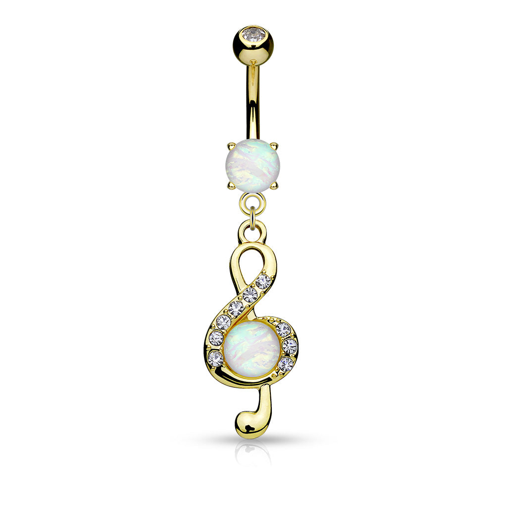 Opal Glitter Center Crystal Paved Clef Dangle Surgical Steel Belly Button Navel Rings - Gold