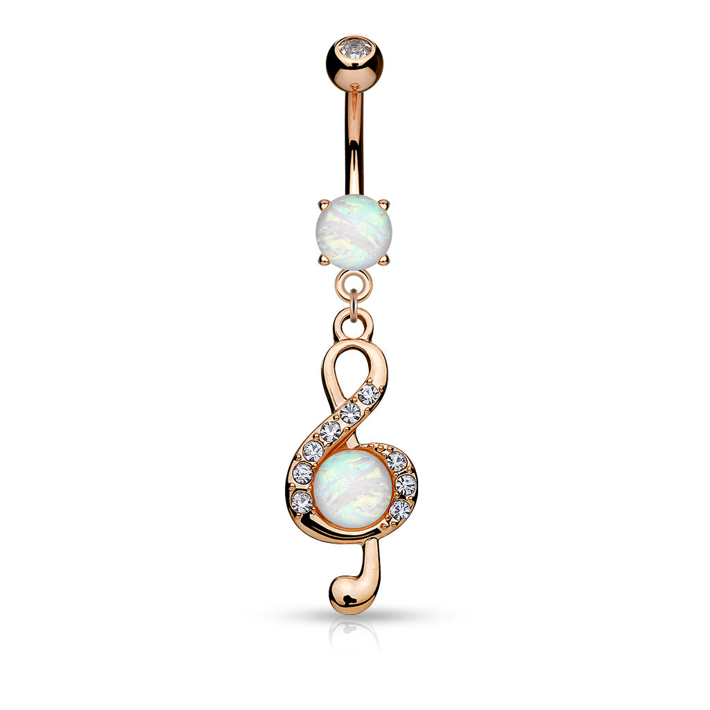 Opal Glitter Center Crystal Paved Clef Dangle Surgical Steel Belly Button Navel Rings - Rose Gold