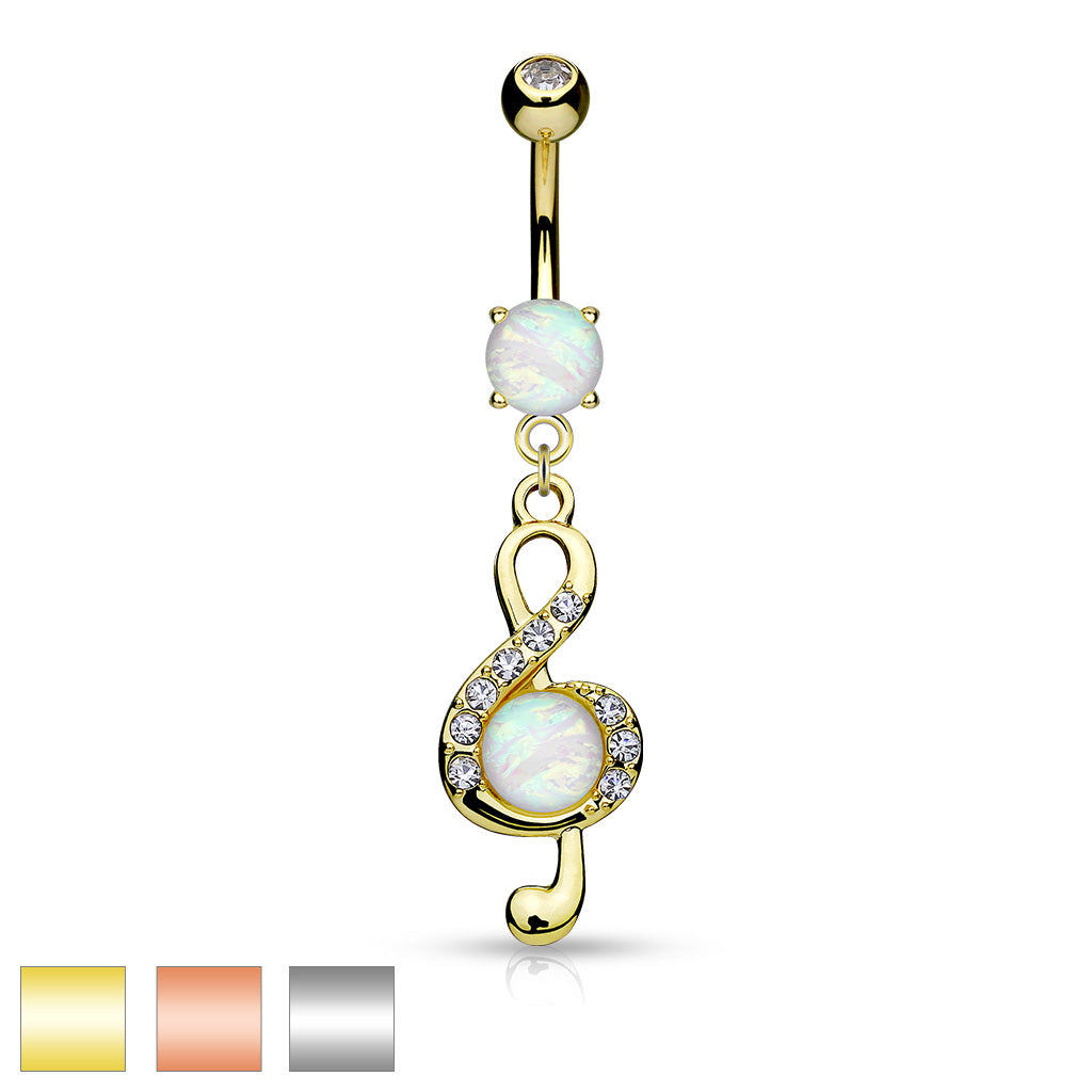 Opal Glitter Center Crystal Paved Clef Dangle Surgical Steel Belly Button Navel Rings - all colors