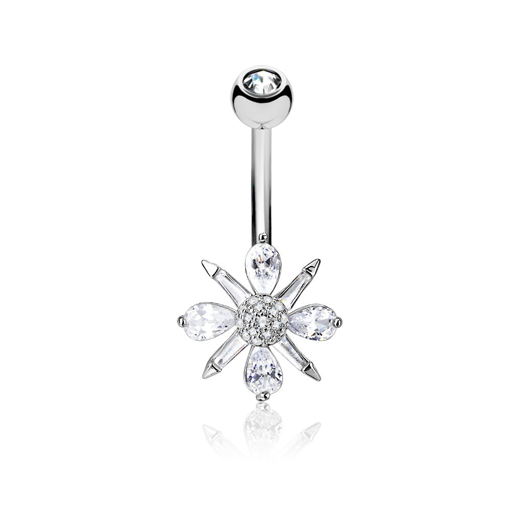 316L Surgical Steel Barguette CZ and Pear CZ Clustered and CZ Paved Ball Center Belly Button Ring - Clear