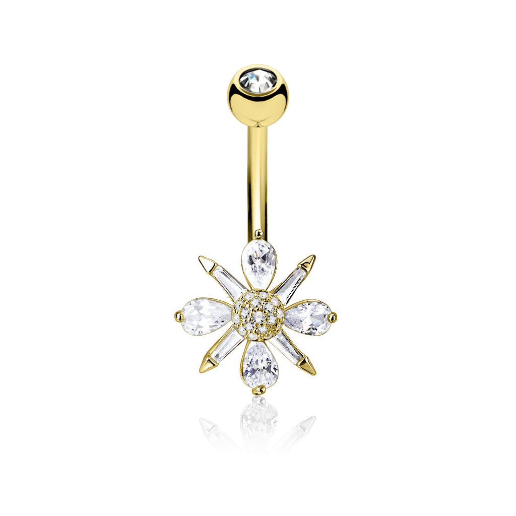 316L Surgical Steel Barguette CZ and Pear CZ Clustered and CZ Paved Ball Center Belly Button Ring - Gold/Clear