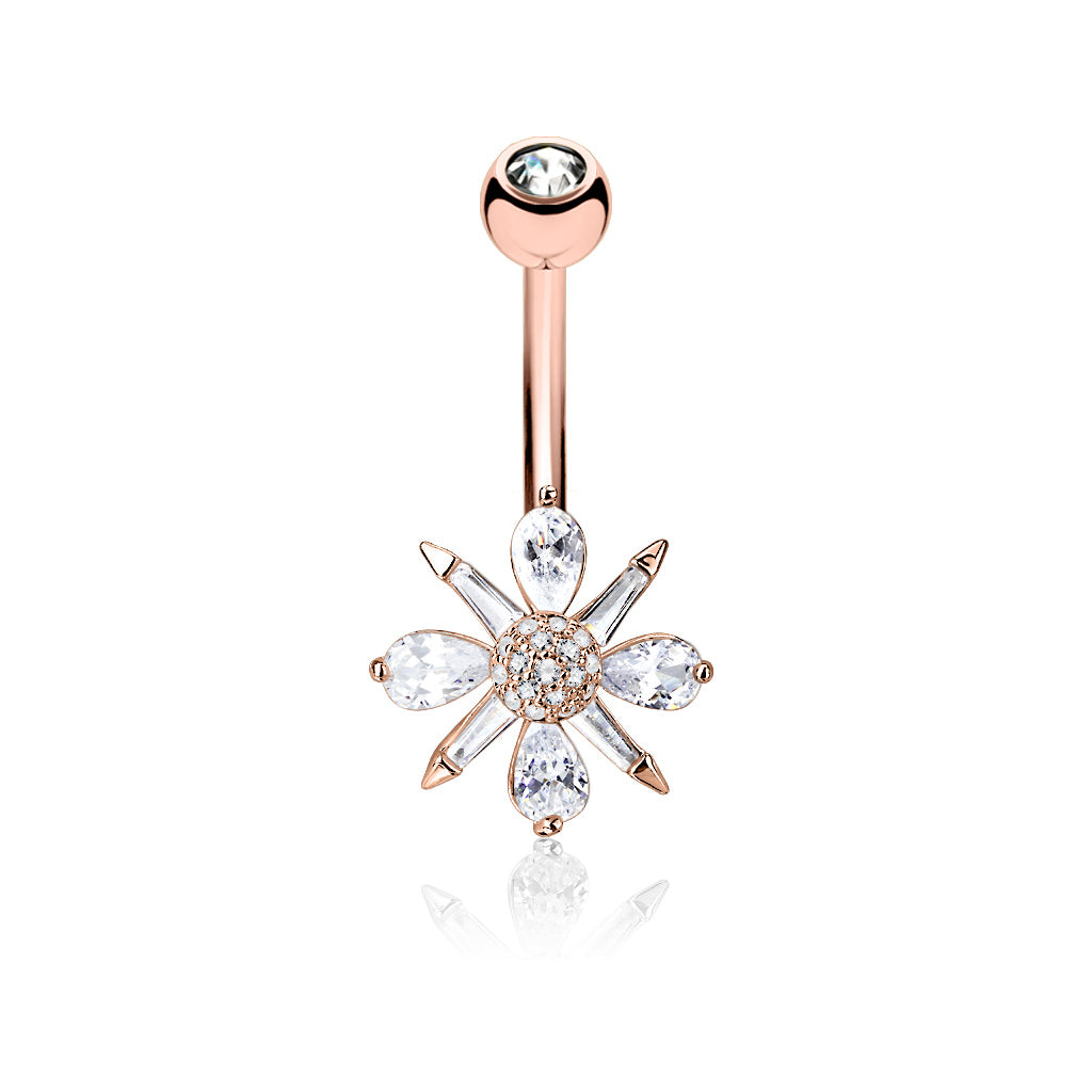 316L Surgical Steel Barguette CZ and Pear CZ Clustered and CZ Paved Ball Center Belly Button Ring - Rose Gold/Clear