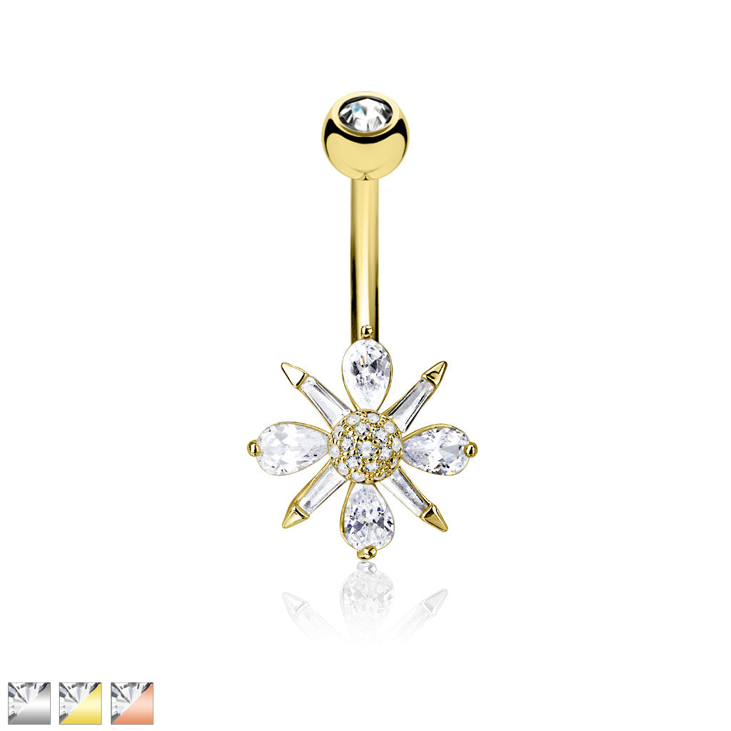 316L Surgical Steel Barguette CZ and Pear CZ Clustered and CZ Paved Ball Center Belly Button Ring - all colors