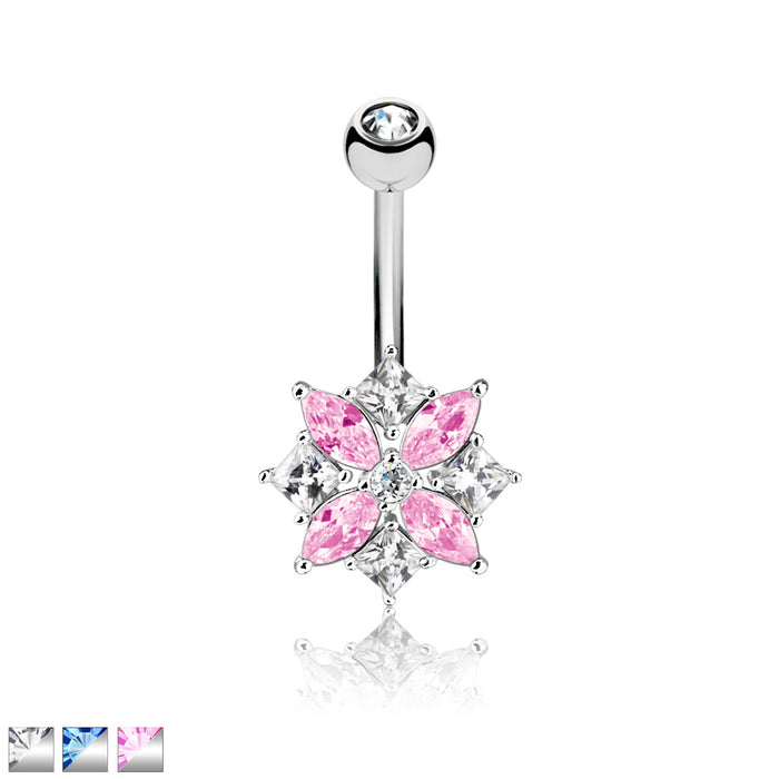 316L Surgical Steel Marquise And Square CZ Cluster Flower Belly Button Ring