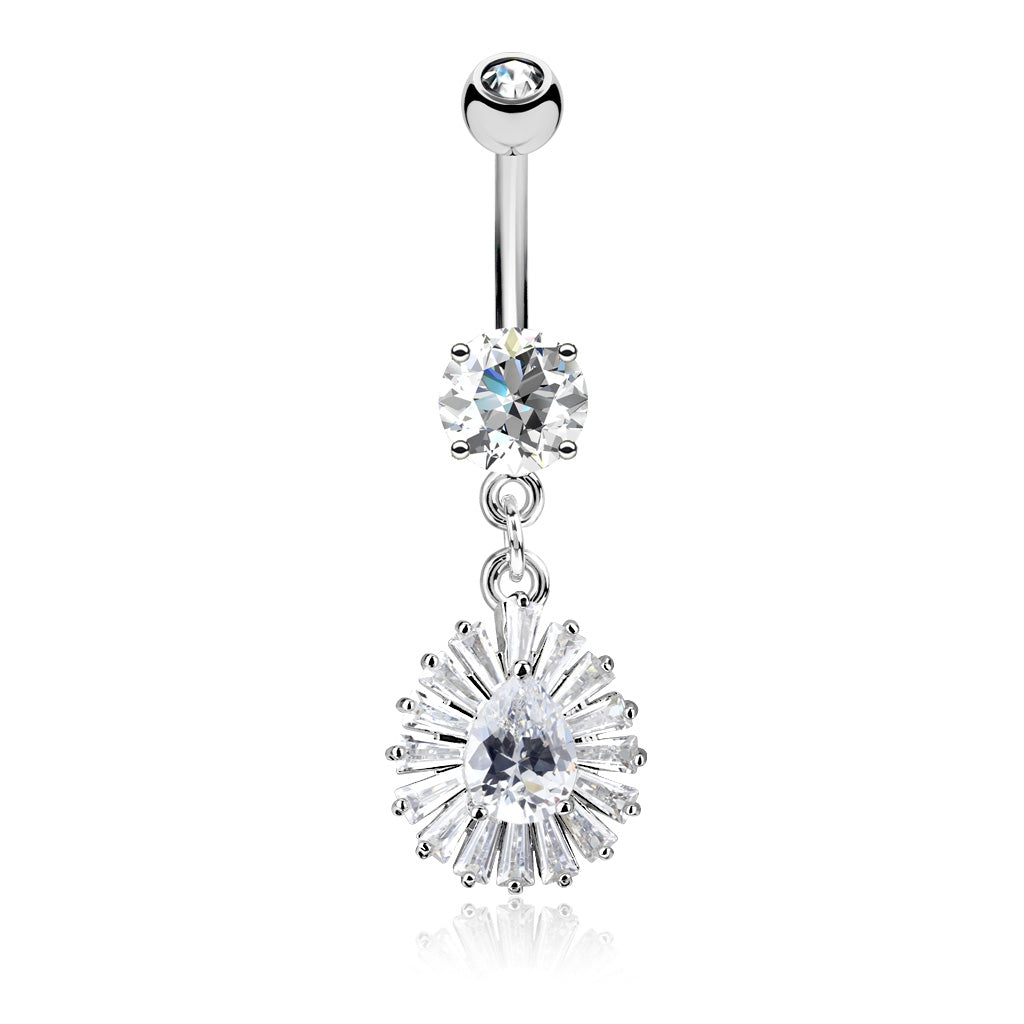 316L Surgical Steel Pear CZ Center and Princess Cut CZ Around Dangle CZ Prong Set Belly Button Ring - Clear