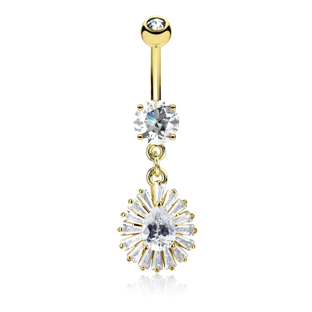 316L Surgical Steel Pear CZ Center and Princess Cut CZ Around Dangle CZ Prong Set Belly Button Ring - Gold/Clear