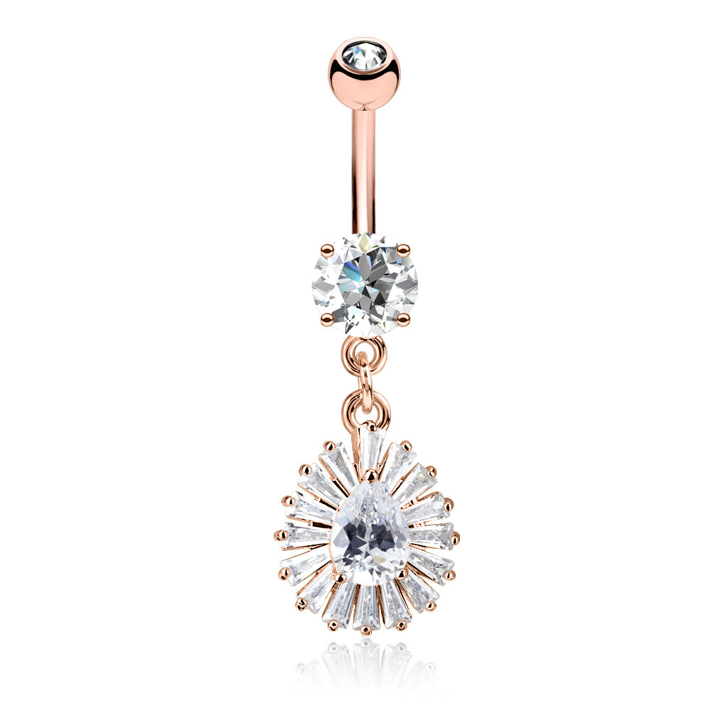 316L Surgical Steel Pear CZ Center and Princess Cut CZ Around Dangle CZ Prong Set Belly Button Ring - Rose Gold/Clear