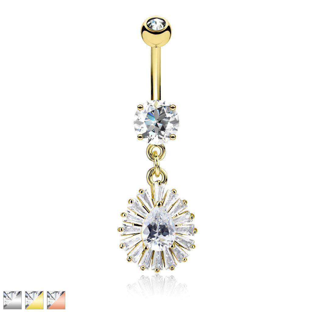 316L Surgical Steel Pear CZ Center and Princess Cut CZ Around Dangle CZ Prong Set Belly Button Ring - all colors