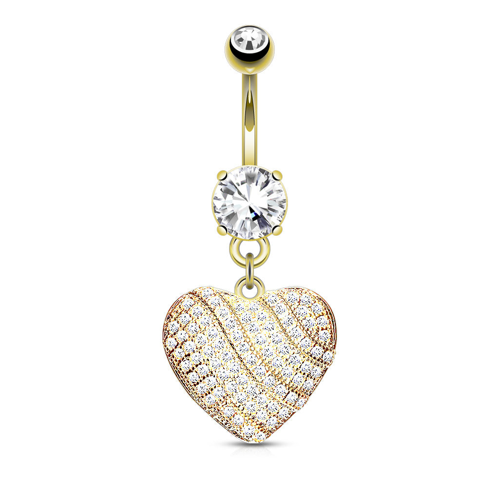 316L Surgical Steel Micro CZ Paved Heart Dangle Round CZ Prong Set Belly Button Ring - all colors