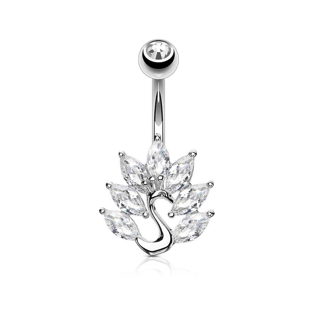 316L Surgical Steel Marquise CZ Peacock Belly Button Ring - Clear