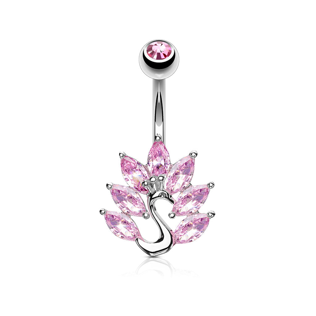 316L Surgical Steel Marquise CZ Peacock Belly Button Ring - Pink