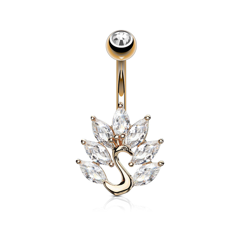 316L Surgical Steel Marquise CZ Peacock Belly Button Ring - Rose Gold/Clear