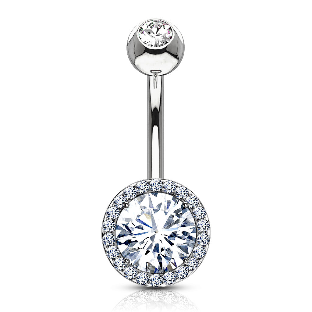 316L Surgical Steel CZ Around Round Prong Set CZ Center Double Tier Belly Button Ring - Clear
