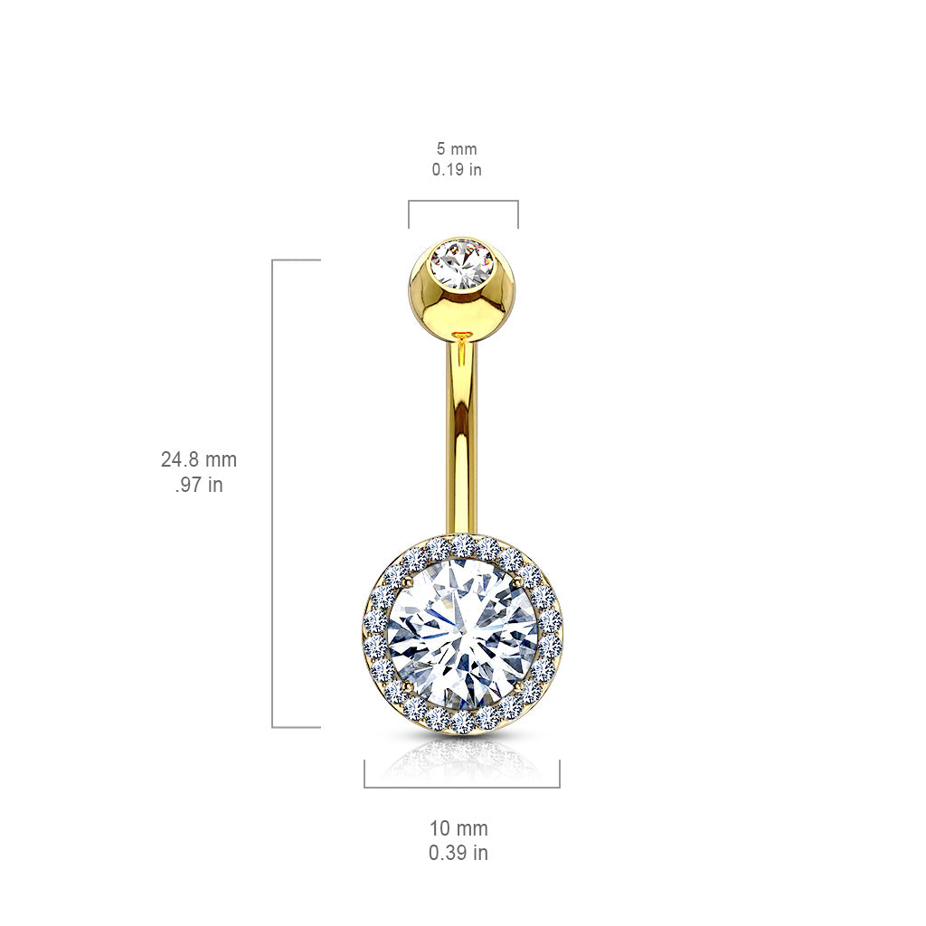 316L Surgical Steel CZ Around Round Prong Set CZ Center Double Tier Belly Button Ring size chart