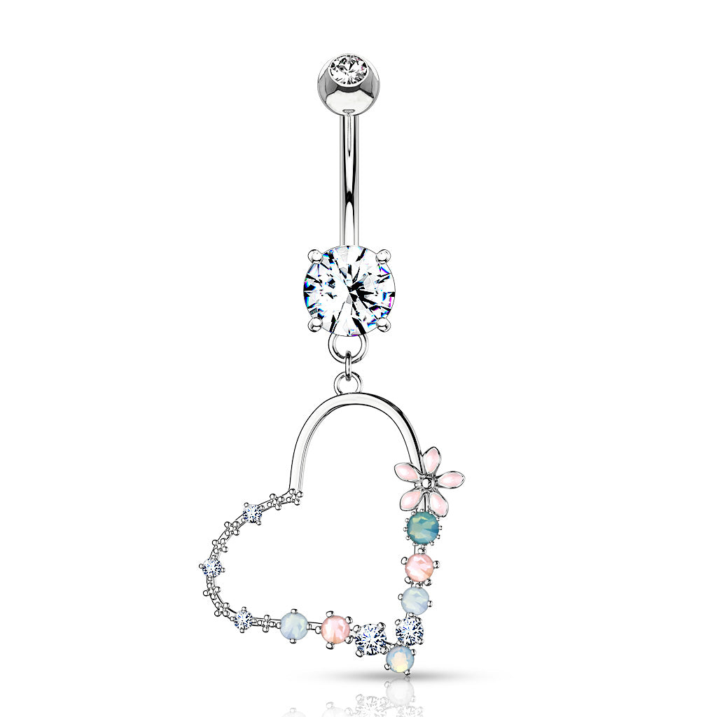 Belly Button Ring Double Jeweled Prong Set With Enamel Flowers and Opalite Stone Set Heart Dangle 316L Surgical Steel - Clear