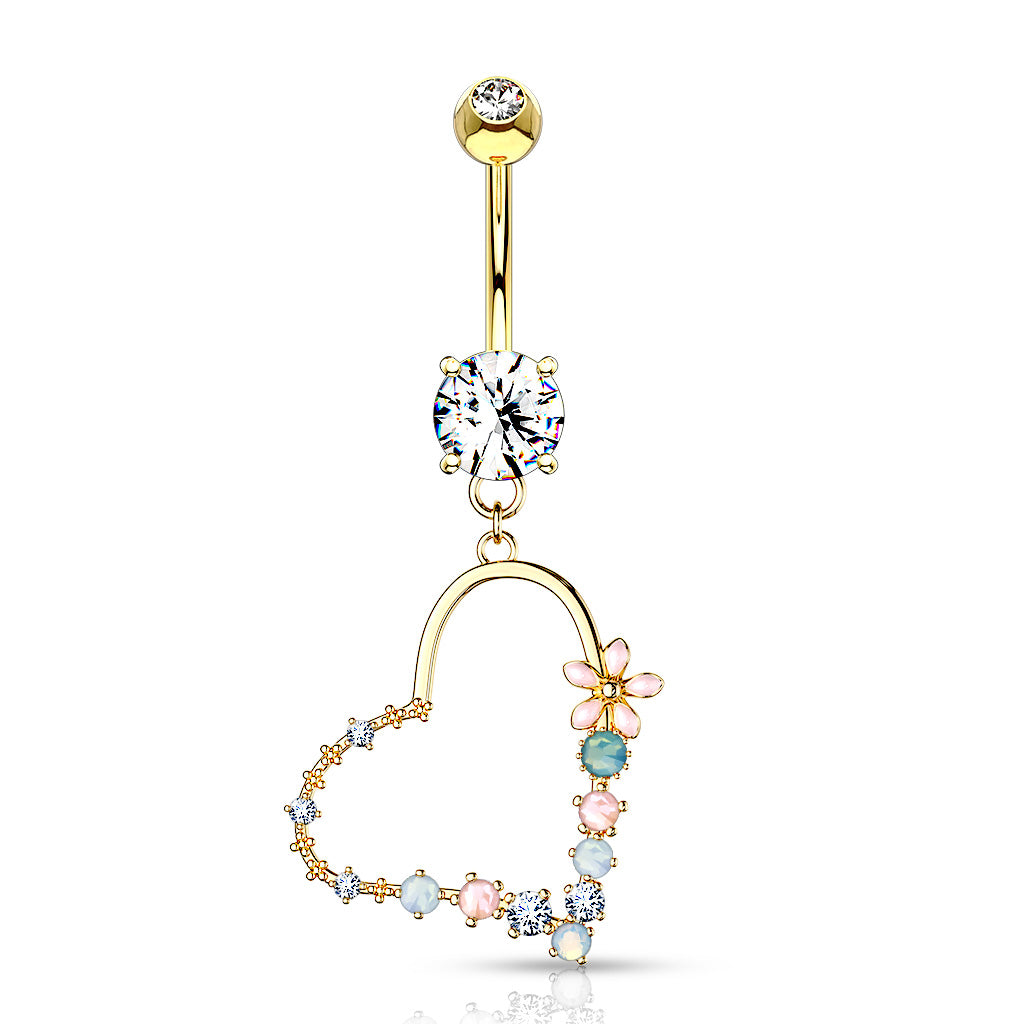 Belly Button Ring Double Jeweled Prong Set With Enamel Flowers and Opalite Stone Set Heart Dangle 316L Surgical Steel - Gold/Clear