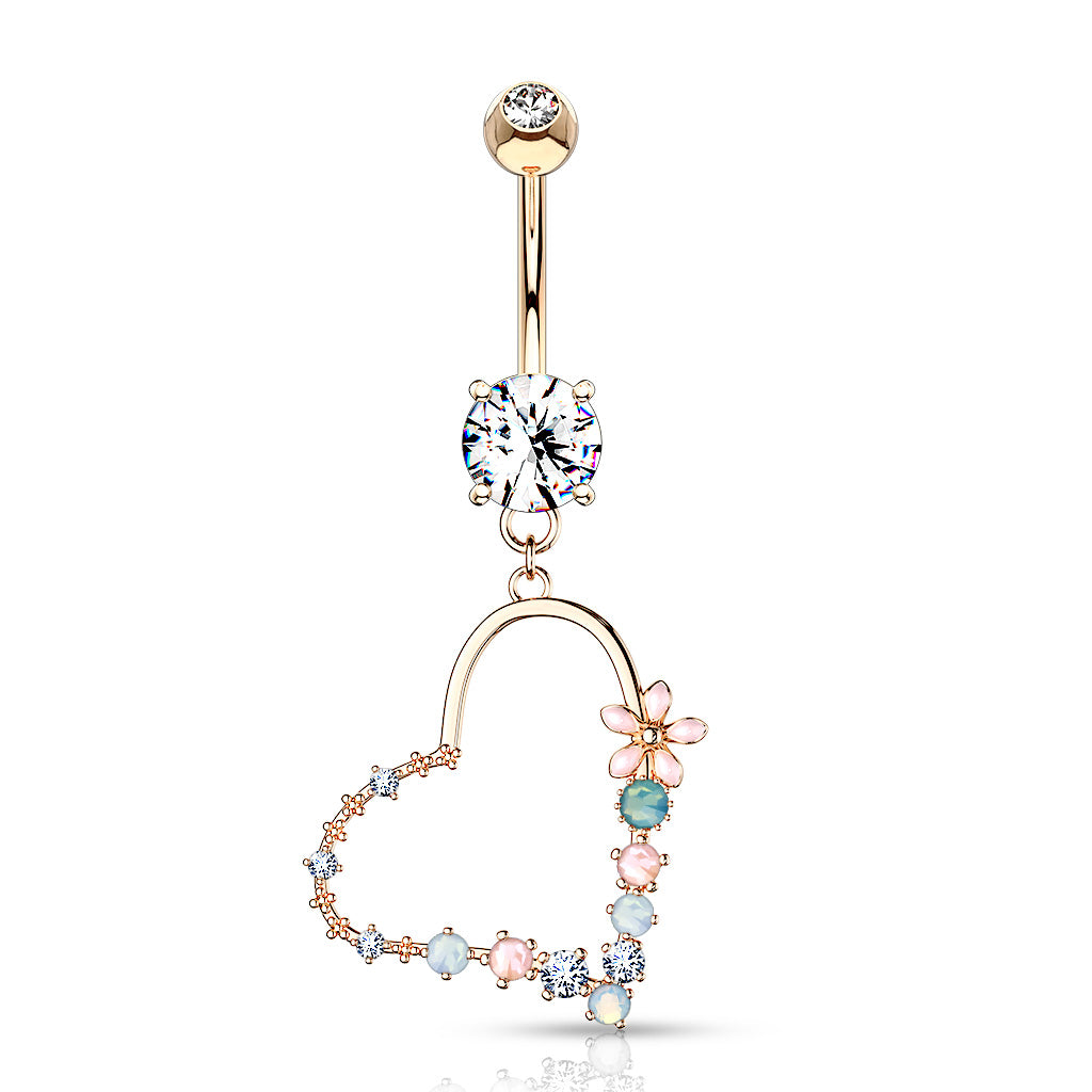 Belly Button Ring Double Jeweled Prong Set With Enamel Flowers and Opalite Stone Set Heart Dangle 316L Surgical Steel - Rose Gold/Clear