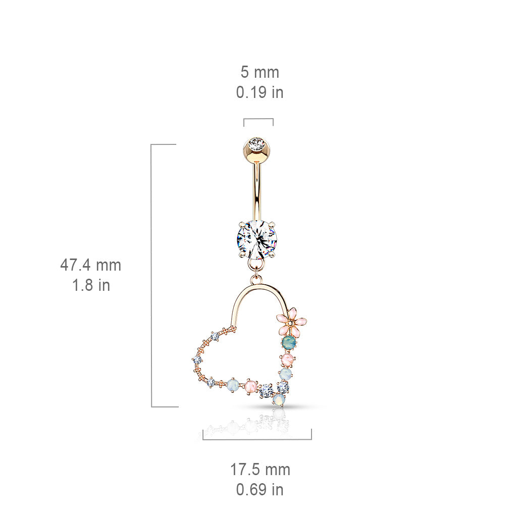 Belly Button Ring Double Jeweled Prong Set With Enamel Flowers and Opalite Stone Set Heart Dangle 316L Surgical Steel size chart