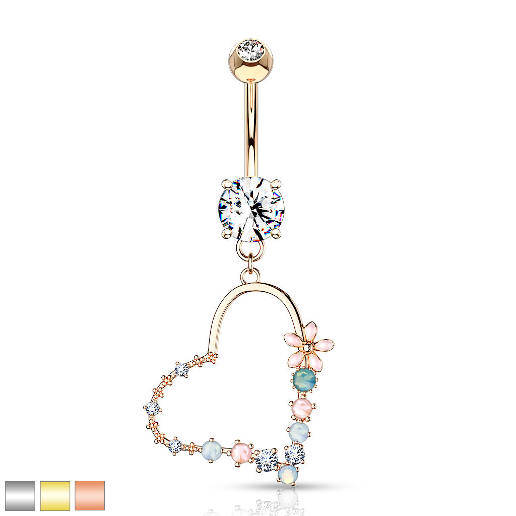 Belly Button Ring Double Jeweled Prong Set With Enamel Flowers and Opalite Stone Set Heart Dangle 316L Surgical Steel - all colors