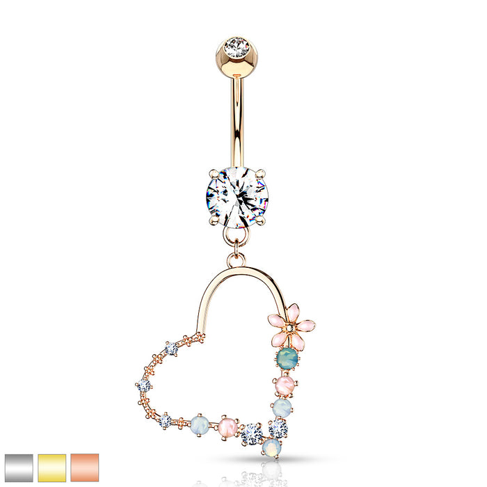 316L Steel Double Jeweled Belly Ring With Enamel Flowers And Opalite Heart Dangle