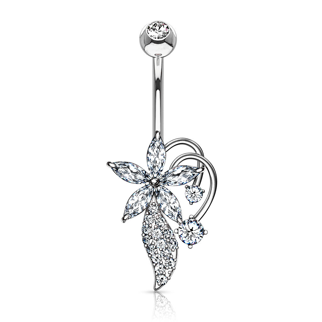 316L Surgical Steel Five Marquise CZ Flower CZ Cluster Stem Bouquet Belly Button Ring - Clear