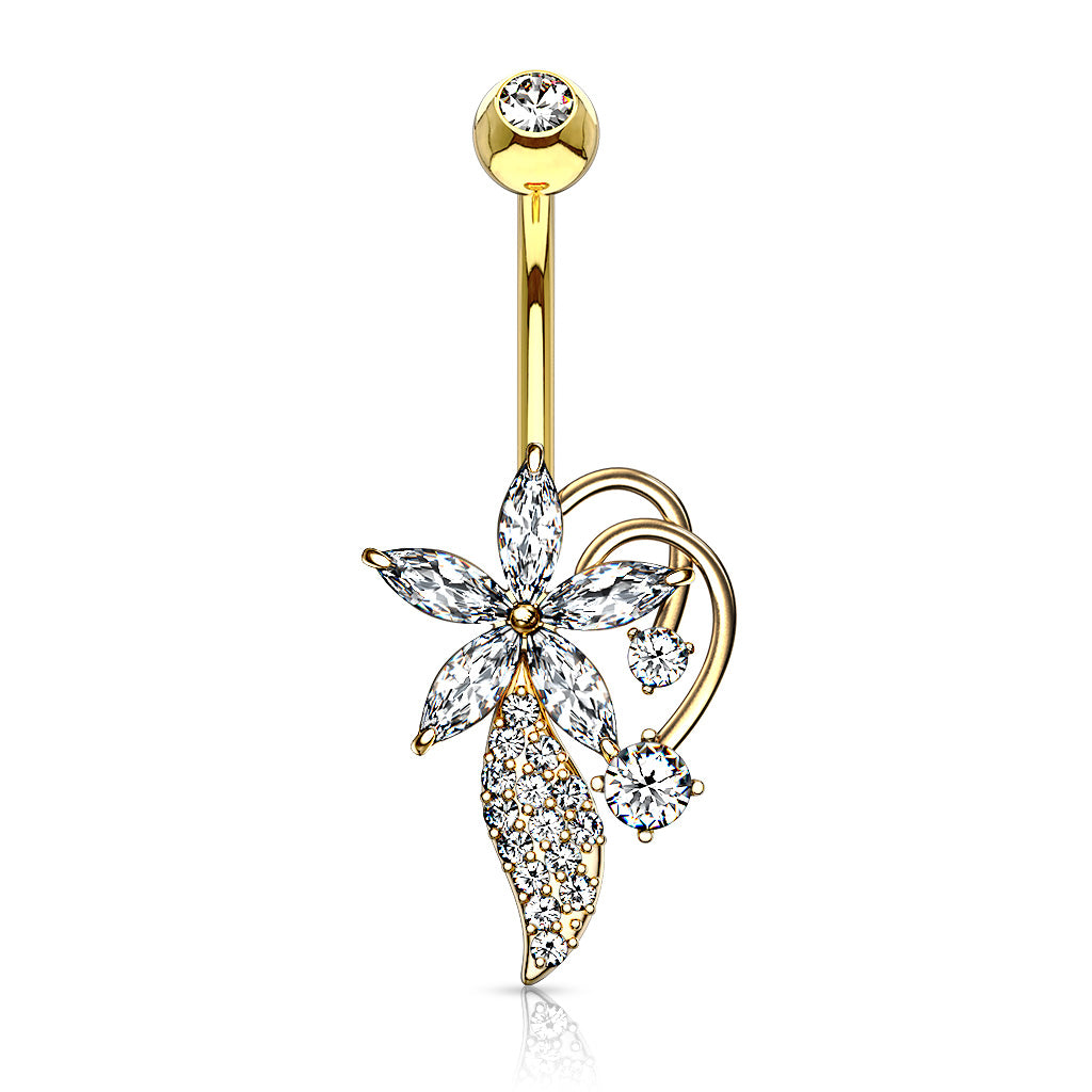 316L Surgical Steel Five Marquise CZ Flower CZ Cluster Stem Bouquet Belly Button Ring - Gold/Clear