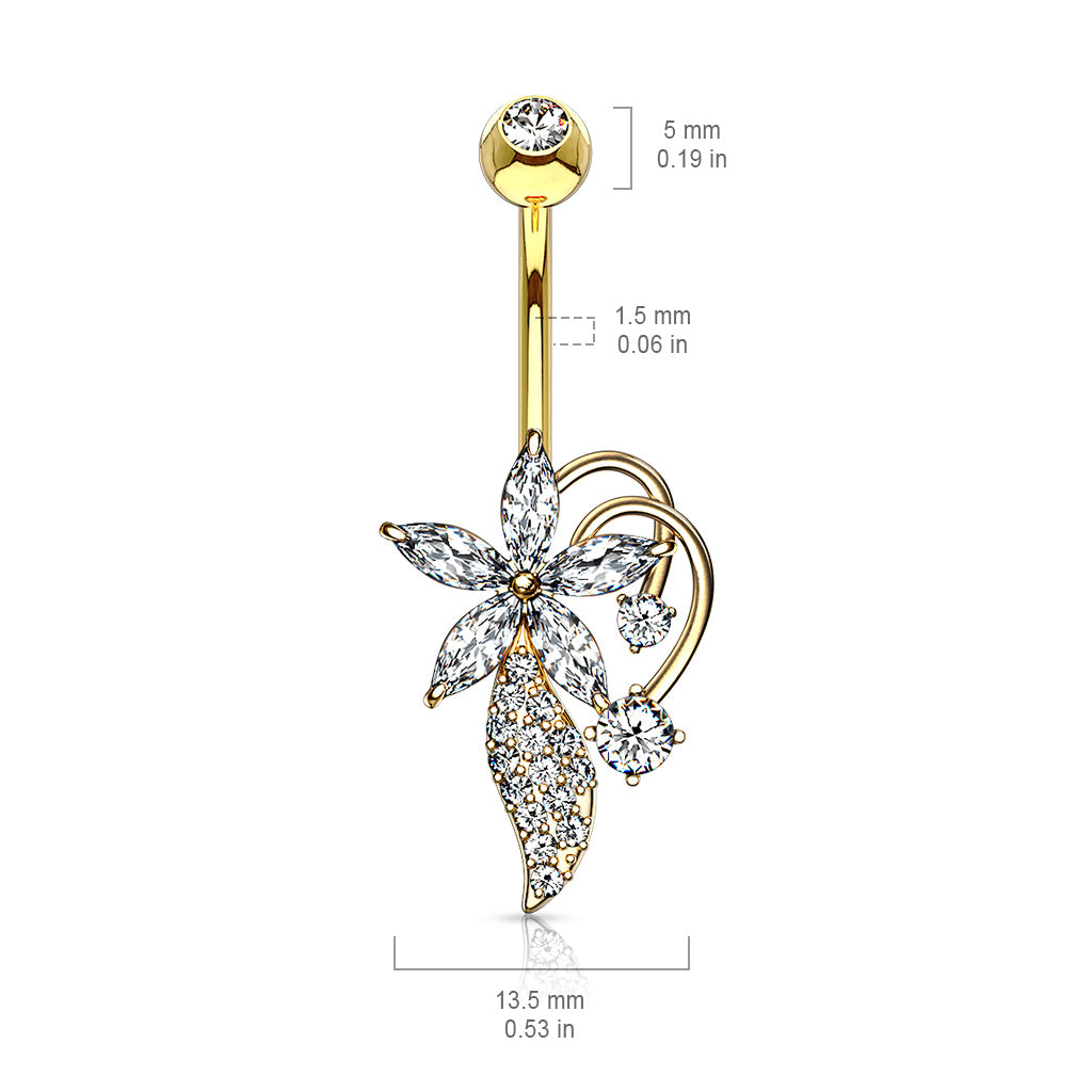 316L Surgical Steel Five Marquise CZ Flower CZ Cluster Stem Bouquet Belly Button Ring size chart