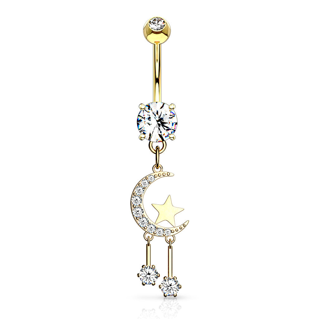 316L Surgical Steel CZ Paved Crescent Moon And Star With Round CZ Dangle Belly Button Ring - Gold/Clear