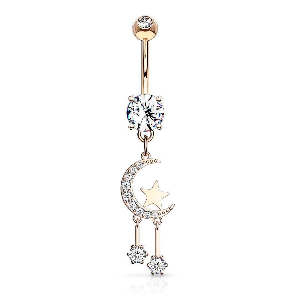 316L Surgical Steel CZ Paved Crescent Moon And Star With Round CZ Dangle Belly Button Ring - Rose Gold/Clear