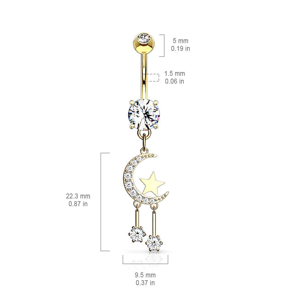 316L Surgical Steel CZ Paved Crescent Moon And Star With Round CZ Dangle Belly Button Ring size chart