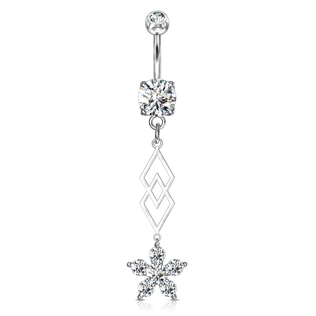 316L Surgical Steel Six CZ Flower and Two Overlapping Diamonds Dangle Belly Button Ring - Clear