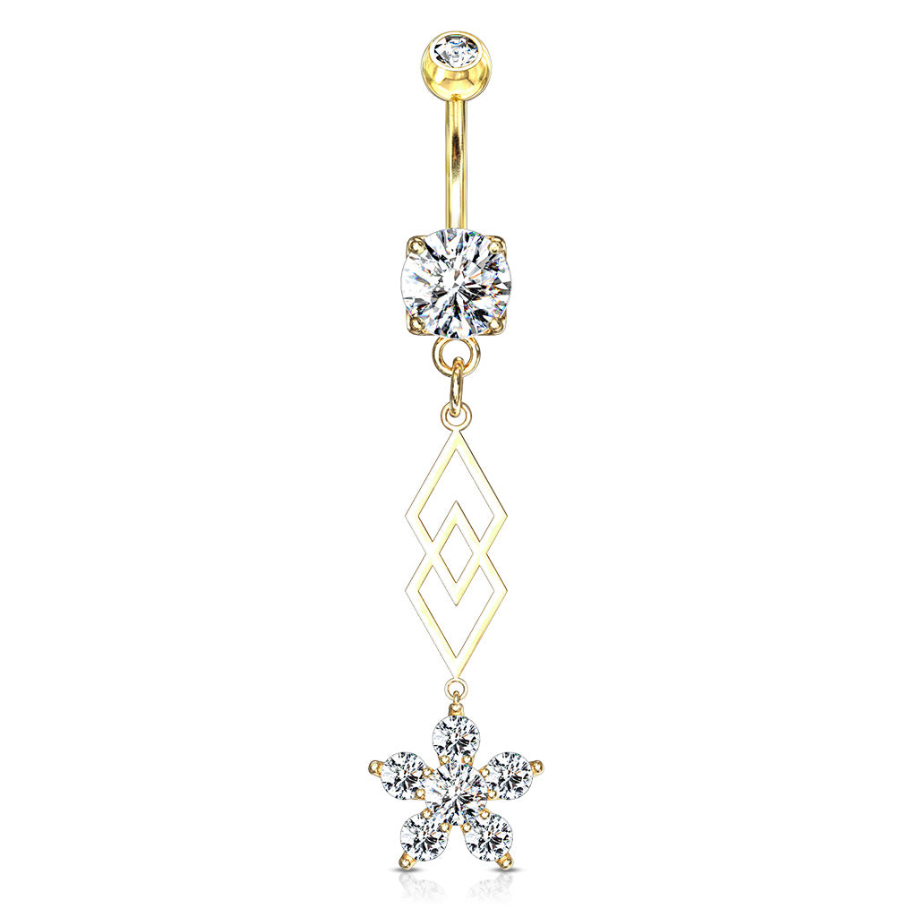 316L Surgical Steel Six CZ Flower and Two Overlapping Diamonds Dangle Belly Button Ring - Gold/Clear
