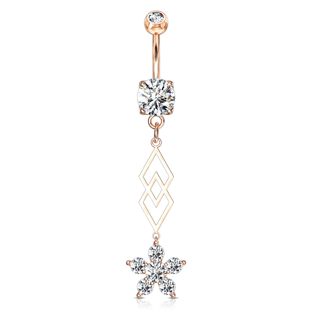 316L Surgical Steel Six CZ Flower and Two Overlapping Diamonds Dangle Belly Button Ring - Rose Gold/Clear