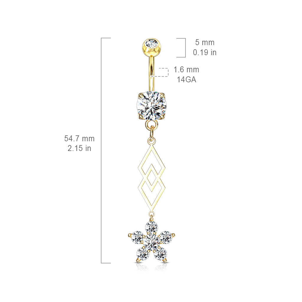 316L Surgical Steel Six CZ Flower and Two Overlapping Diamonds Dangle Belly Button Ring size chart