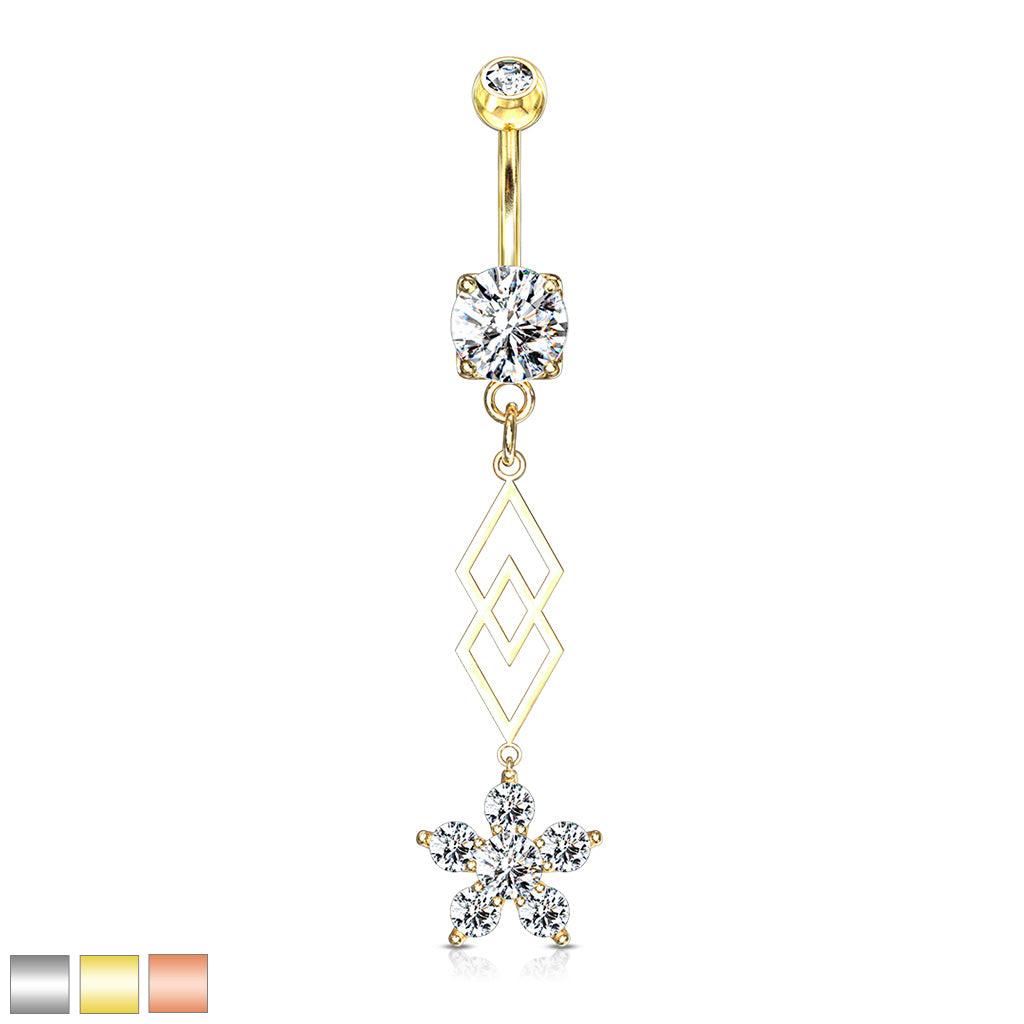 316L Surgical Steel Six CZ Flower and Two Overlapping Diamonds Dangle Belly Button Ring - all colors