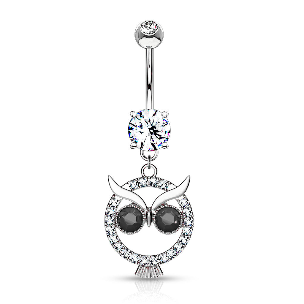 316L Surgical Steel Crystal Paved Owl With Black Crystal Eyes Dangle Belly Button Ring - Clear