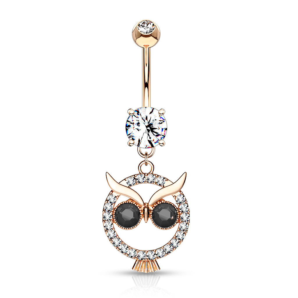 316L Surgical Steel Crystal Paved Owl With Black Crystal Eyes Dangle Belly Button Ring - Rose Gold/Clear