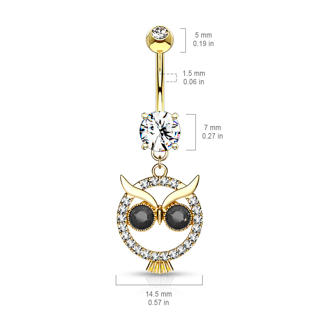 316L Surgical Steel Crystal Paved Owl With Black Crystal Eyes Dangle Belly Button Ring size chart