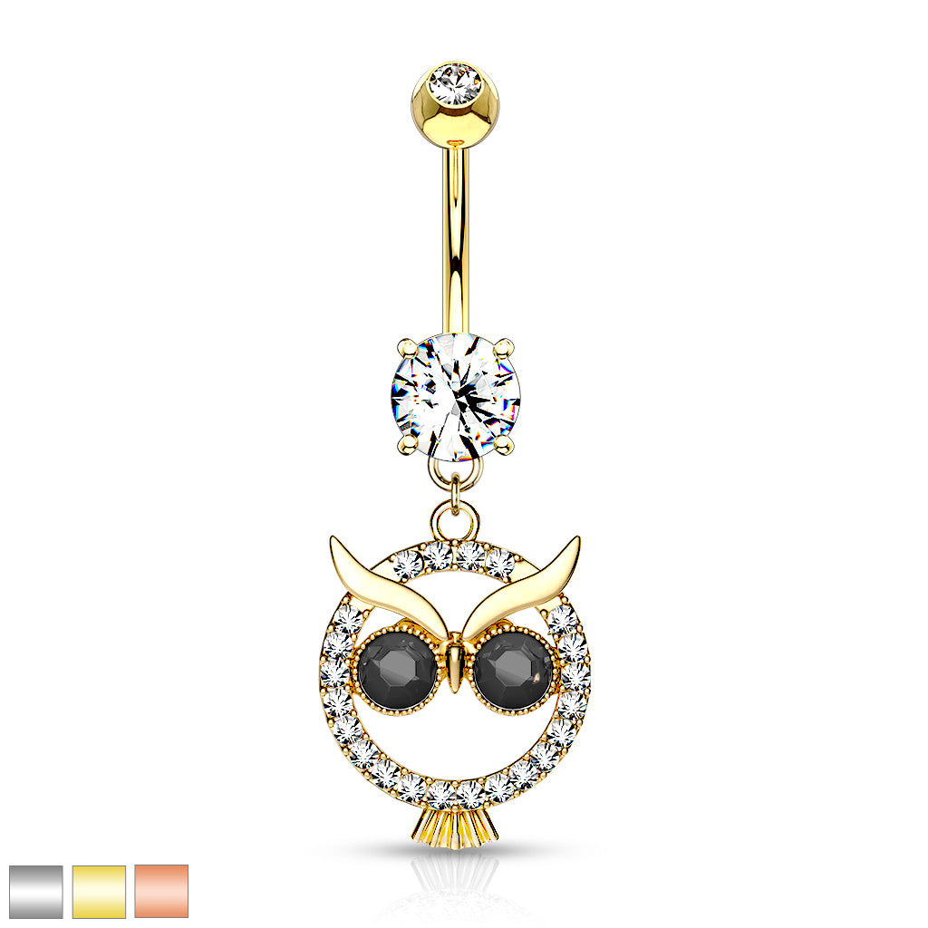 316L Surgical Steel Crystal Paved Owl With Black Crystal Eyes Dangle Belly Button Ring - all colors