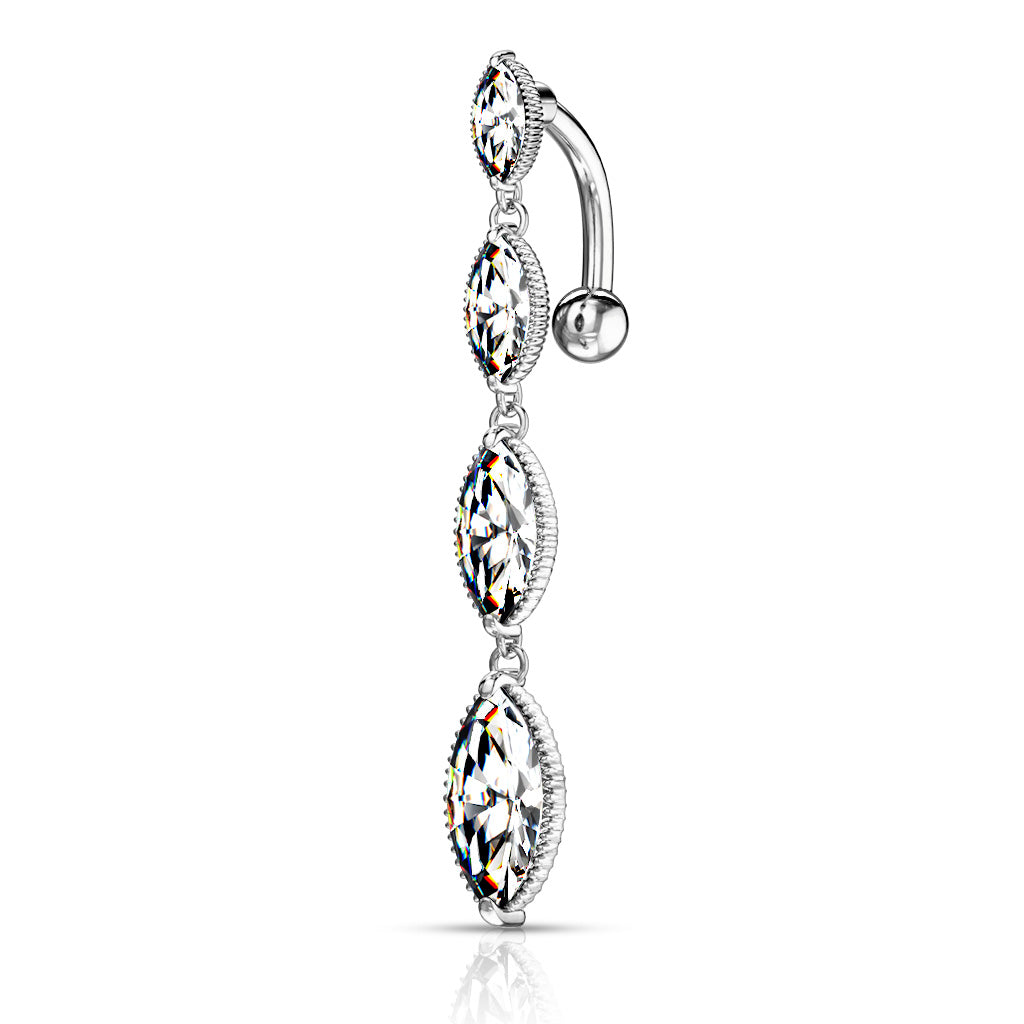 316L Surgical Steel Four Marquise CZ Vertical Drop Belly Button Ring - Clear